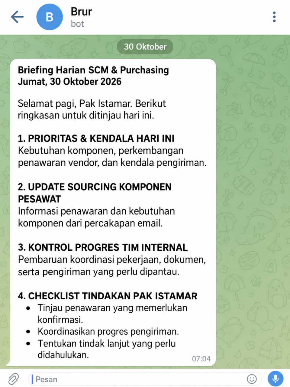 Ilustrasi chat Telegram briefing harian SCM dan purchasing